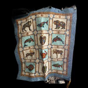 Hand Made Quilt Featuring Pieced Blocks Various Wild Animals 54 x 50 Reversible